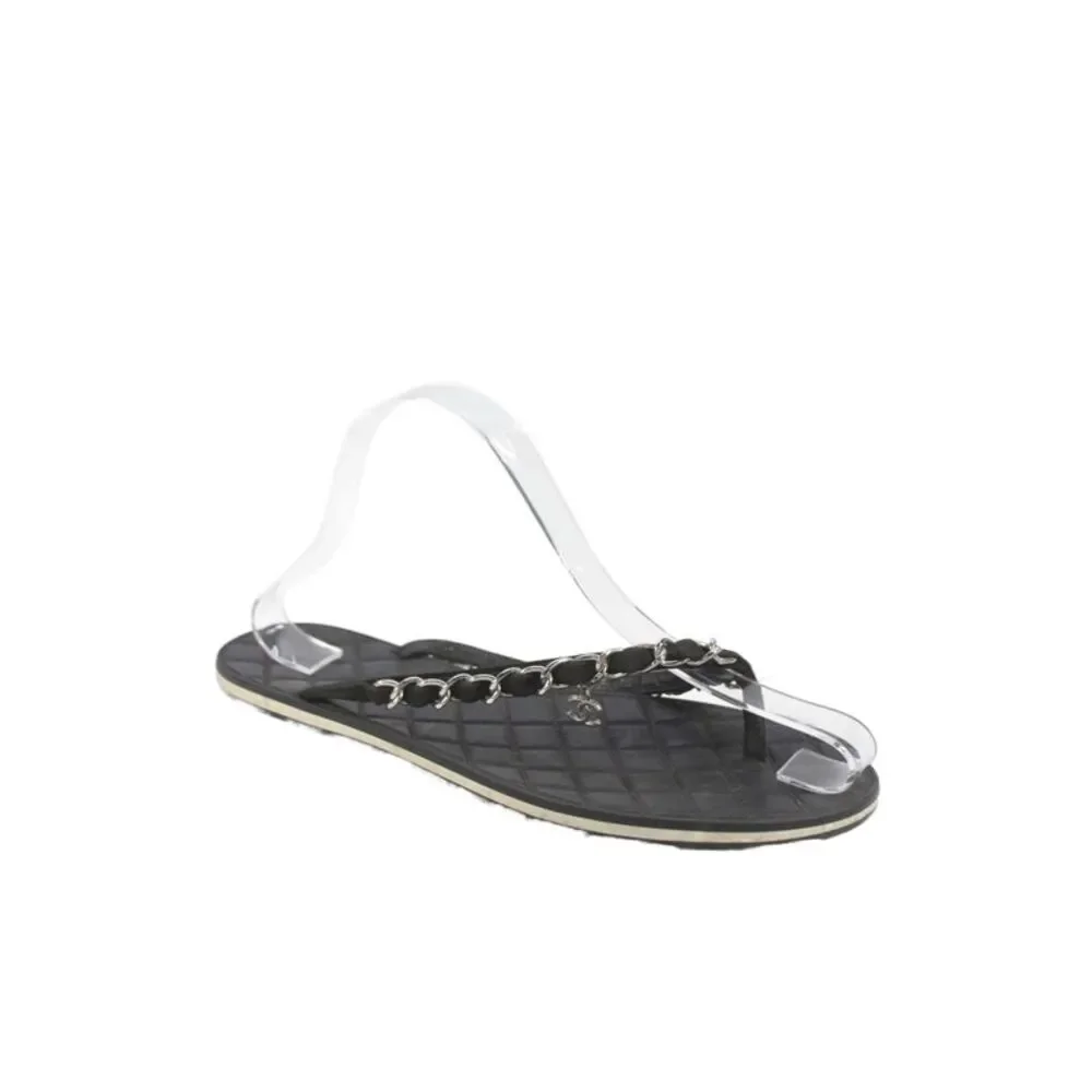 Chanel Womens Chain Detail CC Detail Quilted Flip Flop Black Size 7